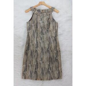 Muse Metallic Beige Gray Snake Print Lined Sheath Dress 10 Gathered Neck #1204